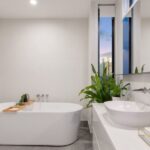 Bathroom - white ceramic bathtub near green potted plant