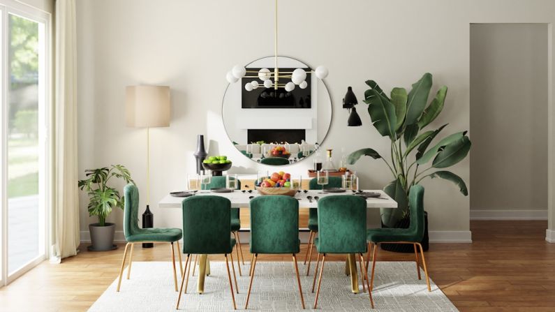 Dining Room - green and white wooden dining table and chairs